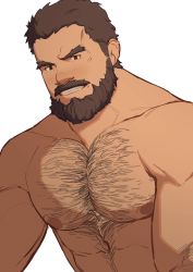 Rule 34 | 1boy, abs, absurdres, bara, beard, black hair, character request, chest hair, completely nude, copyright request, facial hair, hairy, highres, large pectorals, male focus, mature male, muscular, muscular male, nipples, nude, pectorals, ryker, short hair, smile, solo, thick eyebrows, upper body