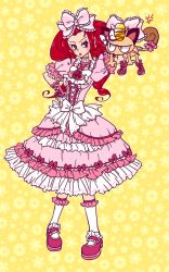 Rule 34 | 1girl, alternate costume, blue eyes, blush stickers, boots, choker, cindysuke, corset, creatures (company), earrings, game freak, gen 1 pokemon, gothic lolita, hair ribbon, hand on own hip, holding up, jessie (pokemon), jewelry, lolita fashion, long hair, mary janes, meowth, nintendo, pokemon, pokemon (anime), pokemon (creature), red hair, ribbon, shoes, socks, sweet lolita, tail, tail ornament, tail ribbon