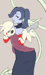 Rule 34 | 1girl, bare shoulders, blue skin, colored skin, crossed legs, detached collar, detached sleeves, dress, female focus, hair over one eye, leviathan (skullgirls), monster girl, red eyes, side ponytail, skullgirls, squigly (skullgirls), stitched mouth, stitches, striped, striped sleeves, ungly