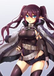 Rule 34 | + +, 1girl, arm at side, belt, black gloves, black shorts, black thighhighs, blue eyes, blush, breasts, bridal gauntlets, chain, collar, covered navel, cowboy shot, cuffs, earrings, eyebrows, fur trim, gloves, glowing, goggles, goggles around neck, gradient background, grey background, groin, hair between eyes, hiruno, hood, hood down, hooded jacket, jacket, jacket on shoulders, jewelry, large breasts, legs apart, leotard, leotard under clothes, long hair, original, pointy ears, purple hair, ring, shiny clothes, short shorts, shorts, sideboob, simple background, solo, thighhighs, twintails, underbust