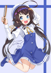Rule 34 | 10s, 1girl, ahoge, ankle boots, arms up, bare legs, beret, blue dress, blue eyes, blue footwear, blunt bangs, blush, boots, brown hair, dated, dress, folded fan, folding fan, frills, full body, hair ornament, hand fan, hat, hinatsuru ai, holding, holding fan, juliet sleeves, jumping, long hair, long sleeves, looking at viewer, low twintails, neck ribbon, puffy sleeves, ribbon, round teeth, ryuuou no oshigoto!, signature, socks, solo, tareme, teeth, twintails, two-tone background, unel1211, very long hair, white hat, white socks, yellow ribbon