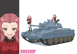 Rule 34 | 2girls, absurdres, black footwear, black skirt, boots, brown eyes, character name, commentary, crusader (tank), cup, emblem, finger to mouth, girls und panzer, hand in own hair, highres, holding, holding cup, jacket, knee boots, long hair, long sleeves, looking at viewer, military uniform, military vehicle, miniskirt, motor vehicle, multiple girls, open mouth, peach (girls und panzer), pink hair, pleated skirt, qgkmn541, red hair, red jacket, rosehip (girls und panzer), sitting, skirt, smile, st. gloriana&#039;s (emblem), st. gloriana&#039;s military uniform, standing, tank, teacup, uniform, wavy hair, white background
