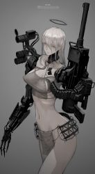 Rule 34 | 1girl, absurdres, albino, android, arm cannon, breasts, grey eyes, halo, highres, jittsu, long hair, mecha musume, mechanical arms, medium breasts, original, single mechanical arm, solo, weapon, white hair