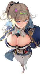 Rule 34 | 1girl, alternate breast size, asahina hikage, belt, black bow, blonde hair, blue eyes, boots, bow, breasts, cape, capelet, cleavage, closed mouth, commentary request, detached collar, full body, gem, genshin impact, gloves, highres, jean (genshin impact), knee boots, large breasts, lips, long hair, pants, shiny skin, sidelocks, simple background, solo, white background, white footwear