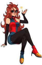 Rule 34 | 1girl, android 21, arm warmers, artist request, bare shoulders, big hair, black-framed eyewear, black nails, black pantyhose, blue eyes, breasts, brown hair, curly hair, dragon ball, dragon ball fighterz, dress, earrings, female focus, glasses, hip focus, hoop earrings, jewelry, long hair, multicolored boots, multicolored clothes, multicolored dress, nail polish, pantyhose, ring, simple background, sitting, solo, star (symbol), thighs, white background