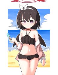 Rule 34 | 1girl, bare shoulders, beach, bikini, black bikini, black hair, black wings, blue archive, border, bow hairband, choker, cloud, collarbone, day, feet out of frame, flat chest, food, frilled bikini, frills, hagoonha, hairband, halo, hand up, highres, holding, holding food, holding popsicle, jacket, jacket over swimsuit, light blush, looking at viewer, low wings, mashiro (blue archive), mashiro (swimsuit) (blue archive), navel, ocean, open mouth, outdoors, pink jacket, popsicle, purple eyes, red halo, short hair, sky, solo, swimsuit, white border, white hairband, winged halo, wings