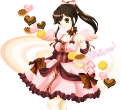 Rule 34 | 1girl, brown eyes, brown hair, cookie, dress, food, hair ribbon, happy valentine, heart, looking at viewer, love plus, pointing, pointing at viewer, ponytail, ribbon, sinko, solo, takane manaka, valentine, white background, wings