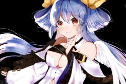 Rule 34 | 1girl, asymmetrical wings, belt, black background, blue hair, blush, breasts, choker, detached sleeves, dizzy (guilty gear), guilty gear, guilty gear xrd, hair between eyes, hair ribbon, hair rings, hand on own face, highres, large breasts, lutz compass, monster girl, navel, red eyes, ribbon, simple background, smile, solo, twintails, upper body, wings, yellow ribbon