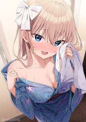 Rule 34 | 1girl, blonde hair, blue eyes, blush, breasts, cleavage, floral print, hair between eyes, holding, holding towel, indoors, japanese clothes, kimono, large breasts, long hair, looking at viewer, nekokobushi, obi, off shoulder, open mouth, original, ribbon, sash, smile, solo, towel, wet, wet clothes, white ribbon, wide sleeves, yukata