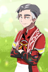 Rule 34 | 1boy, black eyes, bright pupils, closed mouth, collared shirt, commentary request, creatures (company), day, game freak, gloves, grass, grey hair, highres, kabu (pokemon), looking at viewer, male focus, nintendo, nyoripoke, outdoors, pokemon, pokemon swsh, red shirt, shirt, short hair, shorts, single glove, smile, solo, towel, towel around neck, undershirt, white pupils