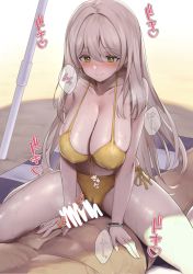 Rule 34 | 1boy, 1girl, beach towel, beach umbrella, bikini, blue archive, blush, breasts, breath, bulge, cameltoe, censored, cleavage, collarbone, erection, girl on top, green eyes, heavy breathing, hetero, large breasts, light brown hair, long hair, lying, nameco (nameco h), navel, nonomi (blue archive), nonomi (swimsuit) (blue archive), official alternate costume, on back, outdoors, paid reward available, penis, side-tie bikini bottom, sitting, sitting on person, smile, solo focus, straddling, sweat, swept bangs, swimsuit, towel, umbrella, yellow bikini