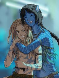 Rule 34 | 1boy, 1girl, alien, arm cuffs, avatar: the way of water, black hair, blue skin, blurry, blurry background, braid, braided ponytail, brown hair, closed eyes, colored skin, commentary, dreadlocks, english commentary, full-body tattoo, highres, hug, hug from behind, interspecies, james cameron&#039;s avatar, james cameron's avatar, jay kuro, kiri (avatar), light brown hair, long hair, medium hair, navel, pointy ears, science fiction, short hair with long locks, simple background, solo focus, spider (avatar), tail, tattoo, teeth, topless male, tribal, upper teeth only
