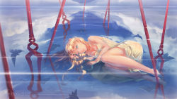 Rule 34 | 1girl, absurdres, artist name, barefoot, bident, blonde hair, blue eyes, breasts, cleavage, cloud, diffraction spikes, dress, hair spread out, hairpods, hand in own hair, highres, horizon, interface headset, knees to chest, lance of longinus (evangelion), light frown, long hair, looking at viewer, lying, medium breasts, neon genesis evangelion, on side, orange hair, partially submerged, planted, polearm, reflection, ripples, see-through, see-through dress, signature, sleeveless, sleeveless dress, solo, sos (406491521), souryuu asuka langley, spaghetti strap, the end of evangelion, translucent dress, water, weapon, wet, wet hair