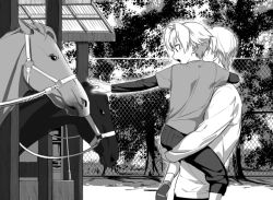 Rule 34 | 10s, 2boys, aged down, animal, carrying, chain-link fence, child, child carry, faceless, faceless male, father and son, fatherly, fence, greyscale, headpat, holding, horse, idolmaster, idolmaster side-m, kizaki ren, long sleeves, male focus, monochrome, multiple boys, tree, yutaka (yukitanu)