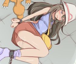 Rule 34 | !, 1girl, arms behind back, ass, bag, bare shoulders, bdsm, black eyes, blue legwear, blue shirt, blush, bondage, bound, breasts, brown hair, chain, charmeleon, claws, collarbone, creatures (company), cuffs, female focus, from above, game freak, gen 1 pokemon, green (pokemon), grey eyes, half-closed eyes, hat, have to pee, highres, horns, long hair, looking away, looking to the side, loose socks, lying, muroi (fujisan0410), nintendo, on side, own hands together, peeing, peeing self, pokemon, pokemon (creature), pokemon frlg, red skirt, shackles, shirt, single horn, skirt, sleeveless, sleeveless shirt, small breasts, socks, sweat, text focus, trembling, v arms, wavy mouth, white headwear, yellow bag