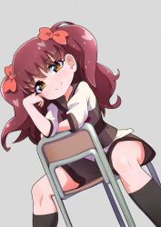 Rule 34 | 1girl, black socks, blouse, bow, brown eyes, brown hair, brown sailor collar, brown shorts, brown vest, chair, closed mouth, collared vest, elbow rest, grey background, hair bow, hand on own face, highres, kanie (precure), kneehighs, long hair, long sleeves, looking at viewer, pink bow, precure, ryuuta (cure ryuuta), sailor collar, school chair, school uniform, second wangan school uniform, shirt, short shorts, shorts, simple background, sitting, sitting backwards, smile, socks, solo, twintails, vest, white shirt, wonderful precure!