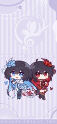 Rule 34 | 2girls, :d, ahoge, alternate costume, animal, black dress, black footwear, black hair, black thighhighs, blue eyes, blue flower, bug, butterfly, chibi, closed mouth, dress, flower, full body, gloves, hair flower, hair ornament, highres, holding, holding microphone, honkai (series), honkai impact 3rd, insect, looking at viewer, microphone, multiple girls, official art, official wallpaper, open hand, open mouth, red butterfly, red eyes, red flower, red gloves, red hair, seele (alter ego), seele vollerei, seele vollerei (herrscher of rebirth), seele vollerei (starchasm nyx), simple background, smile, thighhighs, white dress, white gloves
