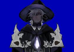 Rule 34 | 1boy, au ra, black cloak, black sclera, blue eyes, cloak, colored sclera, gg dal, hat, horns, looking at viewer, male focus, monster boy, original, parted lips, solo, upper body, warrior of light (ff14), white hair, witch hat