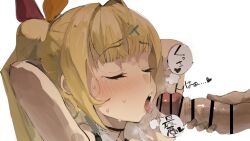 Rule 34 | 1boy, 1girl, arms behind head, bar censor, black choker, blonde hair, blunt bangs, censored, choker, commentary, eyelashes, fellatio, hair ornament, hair ribbon, hand on own penis, hoshikawa sara, nijisanji, open mouth, oral, penis, ponytail, ribbon, saliva, saliva trail, solo focus, speech bubble, symbol-only commentary, tongue, tongue out, translation request, virtual youtuber, wasabi sushi, white background, x hair ornament
