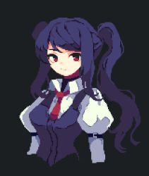 Rule 34 | 1girl, 4qw5, black background, black hair, closed mouth, collared shirt, commentary, cropped torso, english commentary, hand on own hip, jill stingray, juliet sleeves, long hair, long sleeves, looking at viewer, necktie, pixel art, puffy sleeves, red eyes, red necktie, shirt, simple background, solo, va-11 hall-a, white shirt
