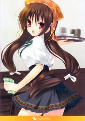 Rule 34 | 1girl, :d, absurdres, any (trueblue), artist request, brown hair, cowboy shot, highres, huge filesize, low twintails, open mouth, red eyes, shirt, skirt, smile, table, tenshinranman, tray, twintails, unohana no sakuyahime, waitress