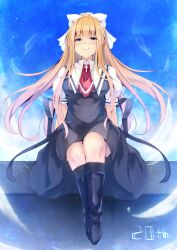 Rule 34 | 1girl, air (visual novel), ascot, black dress, black footwear, blonde hair, blue eyes, blue sky, closed mouth, commentary request, cucchiore, dress, full body, highres, kamio misuzu, long hair, looking at viewer, outdoors, ponytail, puffy short sleeves, puffy sleeves, red ascot, shirt, short sleeves, sitting, sky, smile, solo, white shirt