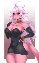 Rule 34 | 1girl, ahoge, android 21, ass, bracelet, breasts, cleavage, colored skin, covered navel, curvy, detached sleeves, dragon ball, dragon ball fighterz, female focus, hand on own hip, hevn, highres, jewelry, large breasts, long hair, looking at viewer, majin android 21, nail polish, pink skin, pointy ears, red eyes, skindentation, solo, tail, thick thighs, thighs, tongue, tongue out, white hair