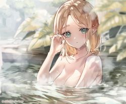 Rule 34 | 1girl, :o, bathing, blonde hair, blush, breasts, cleavage, collarbone, commentary, completely nude, green eyes, leaf, looking at viewer, medium breasts, nintendo, nude, onsen, parted bangs, parted lips, partially submerged, pointy ears, princess zelda, short hair, shuri (84k), solo, steam, symbol-only commentary, the legend of zelda, the legend of zelda: breath of the wild, the legend of zelda: tears of the kingdom, thick eyebrows, twitter username, upper body, water