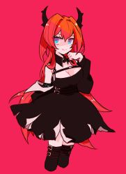 Rule 34 | 1girl, arknights, bare shoulders, beniya900, black dress, blue eyes, breasts, cropped legs, demon girl, demon horns, detached collar, dress, highres, horns, infection monitor (arknights), jacket, long hair, off shoulder, red background, red hair, shaded face, simple background, sleeveless, sleeveless dress, smile, solo, surtr (arknights), thighhighs