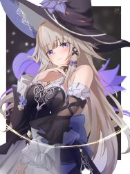 1girl black_dress blush breasts detached_sleeves dress grey_hair hat herta_(honkai:_star_rail) highres honkai:_star_rail honkai_(series) long_hair looking_at_viewer medium_breasts purple_eyes smile solo the_herta_(honkai:_star_rail) upper_body witch_hat zerosama_(sailuojiang)