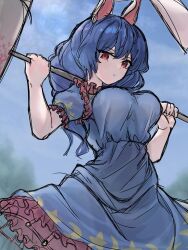 Rule 34 | 1girl, ambiguous red liquid, animal ears, blue dress, blue hair, breasts, closed mouth, commentary request, crescent print, dress, frilled dress, frills, highres, kine, large breasts, long hair, looking at viewer, mallet, outdoors, rabbit ears, rabbit girl, red eyes, seiran (touhou), short sleeves, solo, star (symbol), star print, touhou, yomogi (yomo hrsm)