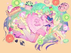 Rule 34 | 1girl, aqua hair, bandaid, bandaid on knee, bandaid on leg, bloomers, blue bow, blue eyes, bow, cake, candy, closed mouth, cookie, cupcake, doughnut, dress, food, frilled cuffs, frilled dress, frills, fruit, gem, hatsune miku, holding, honya lala, juliet sleeves, kiwi (fruit), konpeitou, lol -lots of laugh- (vocaloid), long hair, long sleeves, loose socks, macaron, orange (fruit), pink bow, platform footwear, project diva (series), project diva x, puffy sleeves, rabbit tail, sailor collar, short dress, single sock, single thighhigh, socks, solo, strawberry, strawberry shortcake, stuffed animal, stuffed rabbit, stuffed toy, tail, thighhighs, twintails, underwear, vocaloid