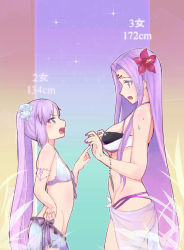 Rule 34 | 2girls, bare shoulders, bikini, blush, bracelet, breast envy, breasts, commentary request, euryale (fate), facial mark, fate/hollow ataraxia, fate/stay night, fate (series), flower, forehead mark, from side, hair flower, hair ornament, height difference, hibiscus, jewelry, kemokain, large breasts, long hair, medusa (fate), medusa (rider) (fate), multiple girls, nail polish, open mouth, pointing, purple eyes, purple hair, purple nails, rose, sarong, siblings, sisters, small breasts, standing, swimsuit, teeth, twintails, very long hair, white flower, white rose