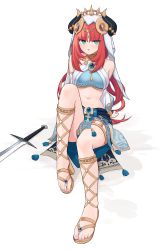 Rule 34 | 1girl, absurdres, aqua eyes, arms behind back, bebetang, circlet, crop top, feet, foreshortening, genshin impact, gladiator sandals, highres, horns, leaning back, looking at viewer, nail polish, nilou (genshin impact), parted lips, pelvic curtain, red hair, sandals, simple background, sitting, solo, sword, toenail polish, toenails, toes, veil, weapon, white background