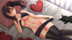 Rule 34 | 1girl, animal, bare arms, bare shoulders, black cat, black hair, black thighhighs, breasts, cat, clothes pull, collarbone, commentary, commission, empty eyes, english commentary, feet out of frame, frilled pillow, frills, from above, groin, hair ribbon, heart, heart-shaped pillow, highres, indoors, kazenokaze, kishuku gakkou no juliet, komai hasuki, large breasts, lifted by self, long hair, looking at viewer, lying, navel, on back, parted lips, pillow, pulled by self, red ribbon, ribbon, shaded face, shorts, shorts pull, side ponytail, skindentation, solo, sports bra, stomach, tassel, thighhighs, underboob, yellow eyes