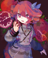 Rule 34 | 1girl, blue bow, bow, bright pupils, buttons, commentary request, cowboy shot, double-breasted, drill hair, food, frilled skirt, frills, fruit, fruit background, grey jacket, grey skirt, hair bow, hand up, highres, holding, holding food, holding fruit, jacket, kasane teto, kasane teto (sv), long sleeves, looking at viewer, midriff peek, open mouth, pink eyes, pink hair, pink nails, pink trim, pomegranate, puffy long sleeves, puffy sleeves, red background, shoulder belt, skirt, skirt set, soi (daizusugiruhito), solo, synthesizer v, twin drills, utau, white pupils
