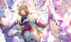 Rule 34 | 1girl, :d, animal ear fluff, animal ears, bad id, bad pixiv id, blue kimono, brown hair, commentary request, fang, floral print, hair ornament, hairclip, hands up, japanese clothes, kimono, kinokohime, lantern, long sleeves, obi, open mouth, original, print kimono, purple eyes, sash, smile, solo, tail, transparent, wide sleeves, x hair ornament