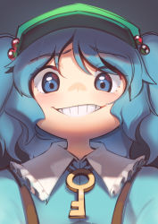 Rule 34 | 1girl, blue eyes, blue hair, blue shirt, blush, boa (brianoa), green hat, grey background, grin, hair bobbles, hair ornament, hat, highres, jewelry, kawashiro nitori, key, key necklace, looking at viewer, medium hair, necklace, portrait, shirt, simple background, smile, smug, solo, teeth, touhou, upper body