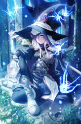 Rule 34 | 1girl, bandages, boots, cape, fairy, hat, highres, knife, long hair, original, rezi, sitting, solo, sword, weapon, witch hat