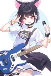 Rule 34 | 1girl, absurdres, animal ears, black choker, black hair, black mask, blue archive, blue background, bracelet, cat ears, cat girl, choker, clothes around waist, clothes writing, colored inner hair, electric guitar, esseppd, extra ears, guitar, highres, holding, holding microphone, instrument, jacket, jacket around waist, jewelry, kazusa (band) (blue archive), kazusa (blue archive), long hair, looking at viewer, mask, mask pull, microphone, mouth mask, multicolored hair, official alternate costume, open mouth, pink hair, pleated skirt, red eyes, shirt, short hair, short sleeves, simple background, skirt, smile, solo, t-shirt, two-tone background, two-tone hair, white background, white shirt, white skirt