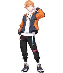Rule 34 | 1boy, black pants, blonde hair, earrings, full body, green eyes, grey jacket, grin, hair between eyes, highres, hood, hoodie, jacket, jewelry, looking at viewer, male focus, multicolored clothes, multicolored hair, multicolored jacket, non-web source, official art, orange hair, orange jacket, pants, project sekai, shinonome akito, shoes, short hair, smile, sneakers, solo, streaked hair, tachi-e, transparent background, white hoodie