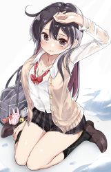 Rule 34 | 10s, 1girl, alternate costume, arm up, bag, bag charm, bell, black bra, black hair, black socks, bra, breasts, cardigan, charm (object), cleavage, crab, dress shirt, hamaken. (novelize), highres, jingle bell, kantai collection, charm (object), kneehighs, loafers, long hair, open cardigan, open clothes, plaid, plaid skirt, rabbit, revision, school bag, school uniform, see-through, shirt, shoes, sitting, skirt, socks, solo, turret, underwear, ushio (kancolle), wariza, wet, wet clothes, wet shirt, wet skirt