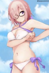 Rule 34 | 1girl, bare arms, bare shoulders, bikini, black-framed eyewear, blue sky, blurry, blurry background, blush, bow, bow bikini, breasts, cleavage, closed mouth, cloud, commentary request, cowboy shot, criss-cross halter, day, depth of field, fate/grand order, fate (series), glasses, groin, hair over one eye, halterneck, mash kyrielight, medium breasts, navel, outdoors, pink hair, purple bow, purple eyes, sky, smile, solo, swimsuit, tasora, twitter username, white bikini