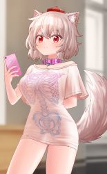 Rule 34 | animal ears, belt collar, cellphone, closed mouth, collar, commentary request, cosplay, cowboy shot, earrings, hat, heart-shaped lock, heart collar, highres, holding, holding phone, idolmaster, idolmaster cinderella girls, inubashiri momiji, jewelry, meme, naked shirt, no pants, off-shoulder shirt, off shoulder, pajamas challenge (meme), phone, pink collar, red eyes, red headwear, selfie, shirt, short sleeves, single earring, skeleton print, smartphone, smile, t-shirt, taeminhyeon, tail, taking picture, thighs, tokin hat, touhou, wolf ears, wolf girl, wolf tail, yumemi riamu, yumemi riamu (cosplay)