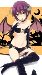 Rule 34 | 1girl, bandeau, bare tree, black bandeau, black choker, black footwear, black shorts, black sleeves, black thighhighs, blue eyes, boots, brown wings, candy, choker, collarbone, commentary request, copyright request, crescent, curled horns, demon girl, demon horns, demon tail, demon wings, detached sleeves, food, hair between eyes, hair ornament, hairclip, high heel boots, high heels, highres, holding, holding candy, holding food, holding lollipop, horns, jack-o&#039;-lantern, lollipop, long sleeves, looking at viewer, micro shorts, nagami yuu, navel, one side up, open mouth, purple hair, round teeth, shorts, silk, sitting, sleeves past wrists, solo, spider web, tail, teeth, thigh boots, thighhighs, tree, upper teeth only, wings