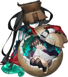 Rule 34 | 1girl, artist request, ball, black hair, full body, green eyes, holding, holding shield, in ball, japanese clothes, magatama, miko, oshiro project:re, oshiro project:re, shield, sidelocks, torn clothes, transparent background, yoshinogari (oshiro project)