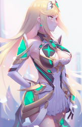 Rule 34 | 1girl, bare shoulders, blonde hair, blush, breasts, chest jewel, cleavage, cleavage cutout, clothing cutout, dress, earrings, elbow gloves, female focus, gem, gloves, headpiece, jewelry, kaijuicery, large breasts, long hair, matching hair/eyes, mythra (xenoblade), short dress, solo, swept bangs, thigh strap, tiara, very long hair, white dress, white gloves, xenoblade chronicles (series), xenoblade chronicles 2, yellow eyes