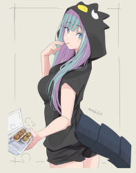 Rule 34 | 1girl, animal hood, aqua hair, artist name, black jacket, blue eyes, breasts, commentary request, dango, dragon girl, dragon tail, eating, food, grey background, highres, hood, hooded jacket, jacket, kichihachi, la peche party, looking at viewer, medium breasts, multicolored eyes, multicolored hair, purple hair, shioumi waka, short sleeves, simple background, solo, tail, two-tone hair, virtual youtuber, wagashi, yellow eyes
