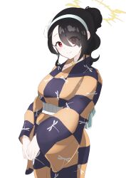 Rule 34 | absurdres, artist request, bad id, bad pixiv id, black hair, blue archive, headband, highres, hinata (blue archive), japanese clothes, kimono, neck ribbon, red eyes, ribbon, simple background, smile, tagme, white background