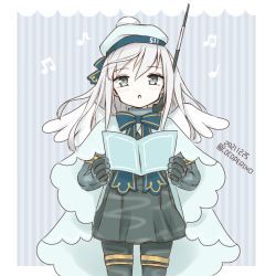 Rule 34 | 1girl, beamed eighth notes, beret, blonde hair, blue cape, blue eyes, blue hat, blush, border, cape, clothes writing, cocoperino, cowboy shot, dated, dress, eighth note, elbow gloves, gloves, grey dress, grey gloves, hair between eyes, hat, kantai collection, long hair, music, musical note, open mouth, pom pom (clothes), singing, solo, twitter username, u-511 (kancolle), white border